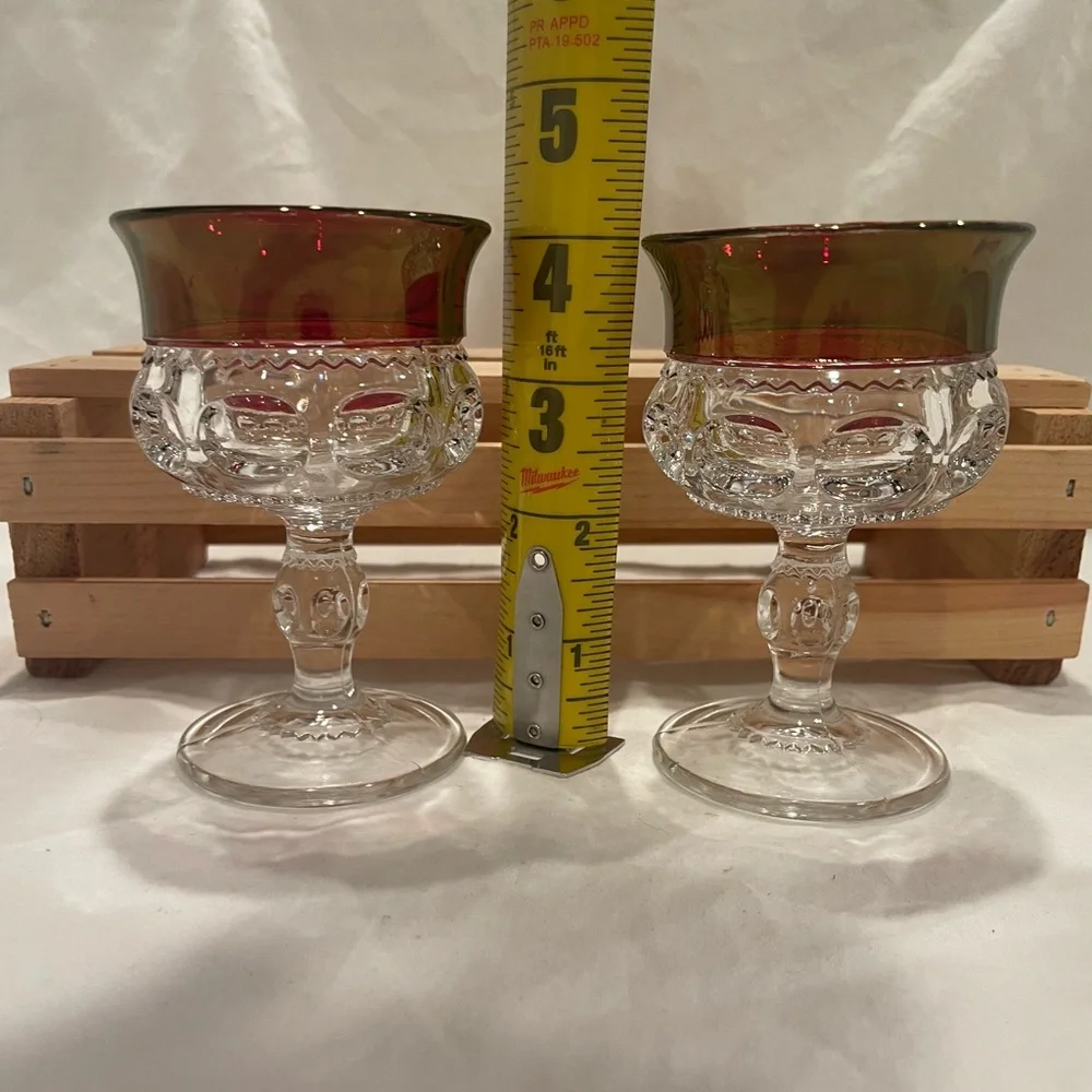 ☀️2/$20 Pair (2) Tiffin Ruby Red Kings Crown Thumbprint Cordials Small Goblets